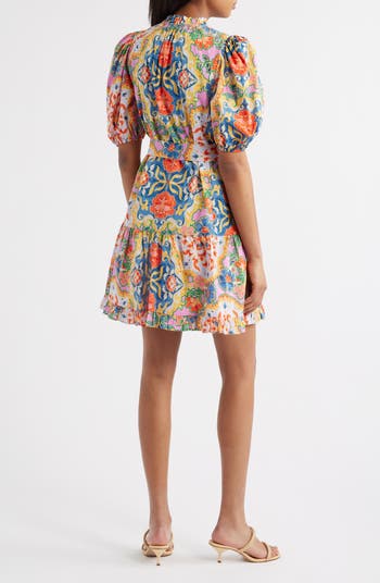 Print Ruffle Tie Waist Puff Sleeve Dress