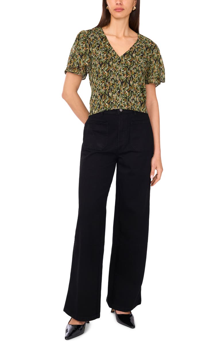 Vince Camuto V-Print Tulip Sleeve Georgette Top, Alternate, color, Rich Black