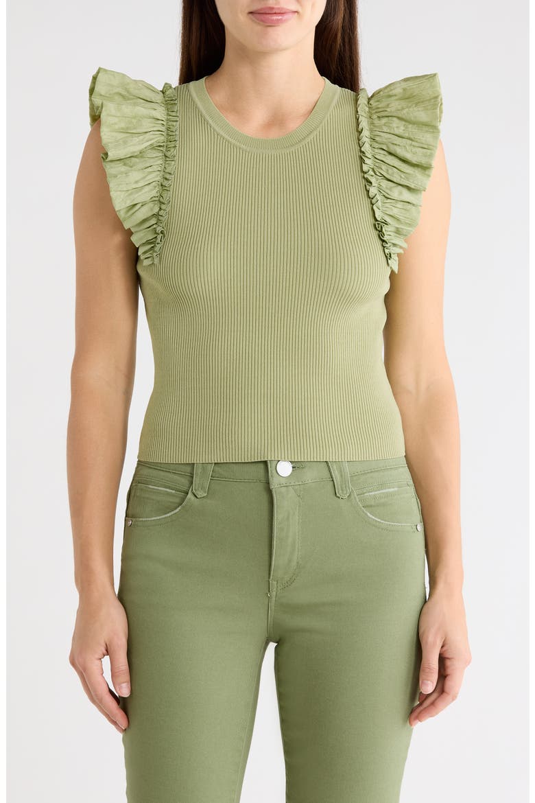 Ruffle Mixed Media Rib Sweater, Main, color, SOFT MOSS