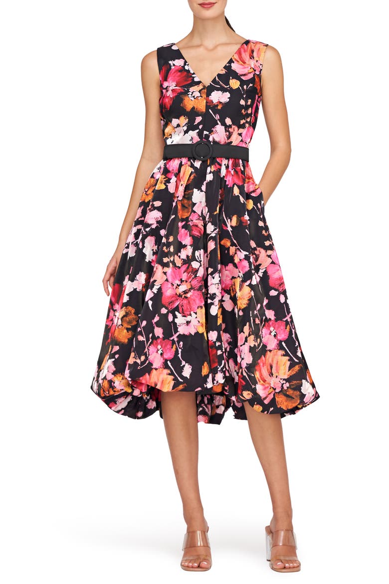 Viola Floral Belted Sleeveless High-Low Dress, Main, color, SAFFRON/ BLACK