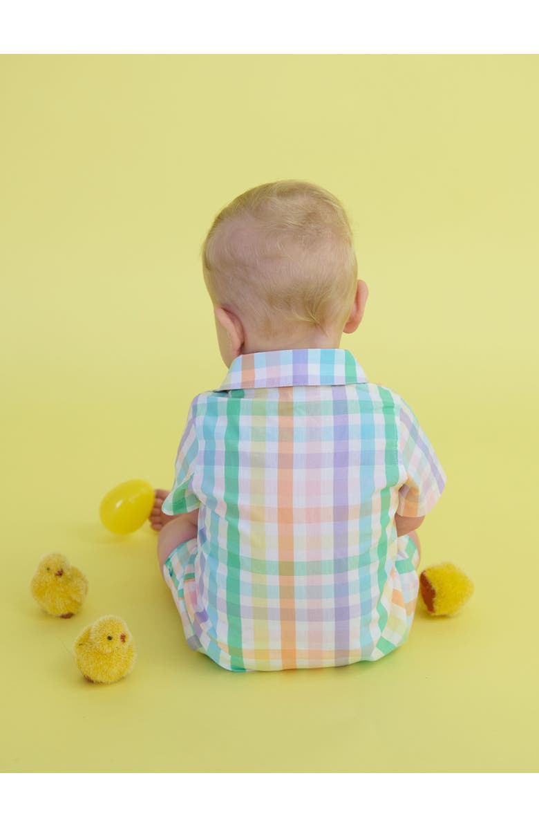RuggedButts Baby Boys Woven Short Sleeve Button-Up Romper, Alternate, color, Poppy Rainbow Plaid