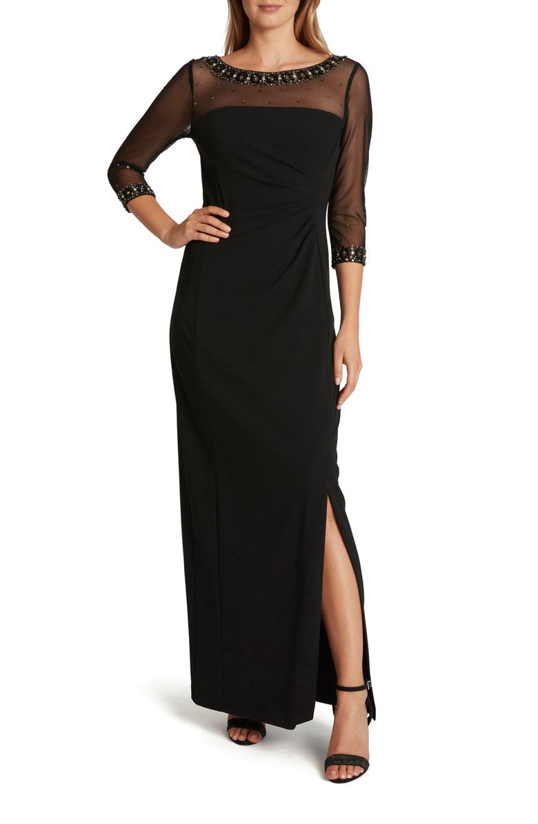 Tahari Stretch Crepe Illusion Sleeve Gown, Main, color, 