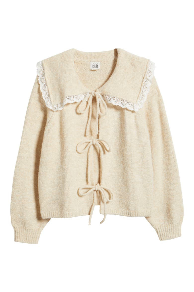 Lace Trim Tie Front Cardigan, Alternate, color, CREAM