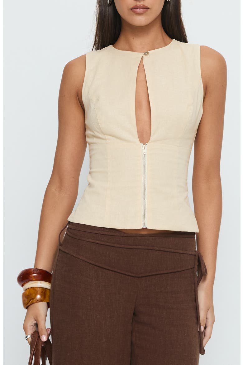 Heleena Keyhole Cotton & Linen Zip Tank, Main, color, CREAM
