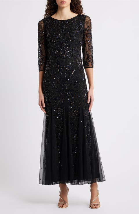 Illusion Sleeve Beaded A-Line Gown (Regular
Petite)