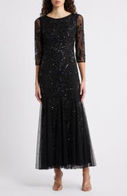 Pisarro Nights Illusion Sleeve Beaded A-Line Gown
