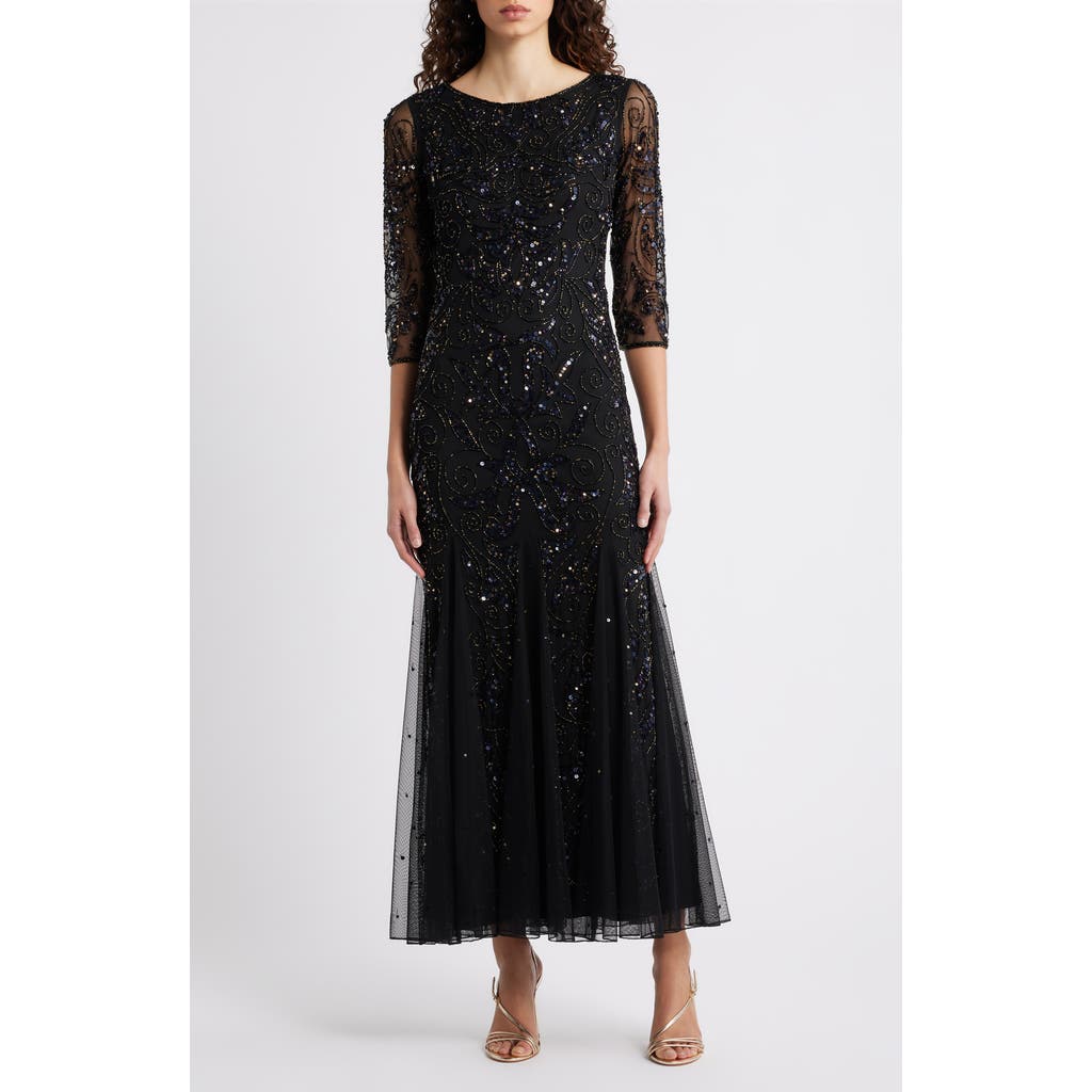 Pisarro Nights Illusion Sleeve Beaded A-line Gown