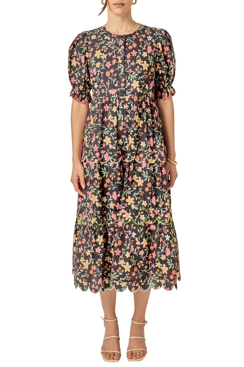 Scallop Edge Floral Print Midi Dress, Main, color, BLACK