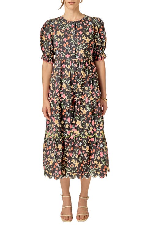 Scallop Edge Floral Print Midi Dress