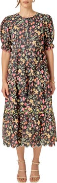 English Factory Scallop Edge Floral Print Midi Dress