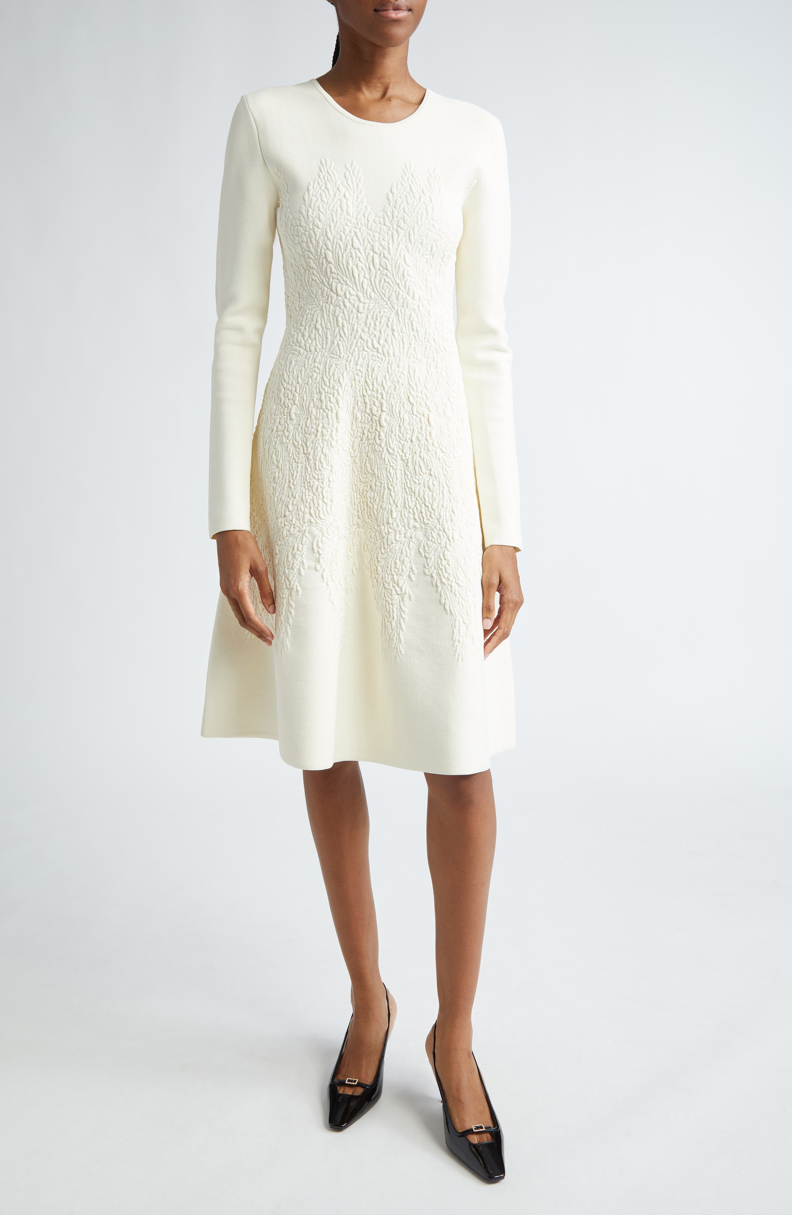 Lela Rose Puckered Floral Long Sleeve Sweater Dress in Ivory 