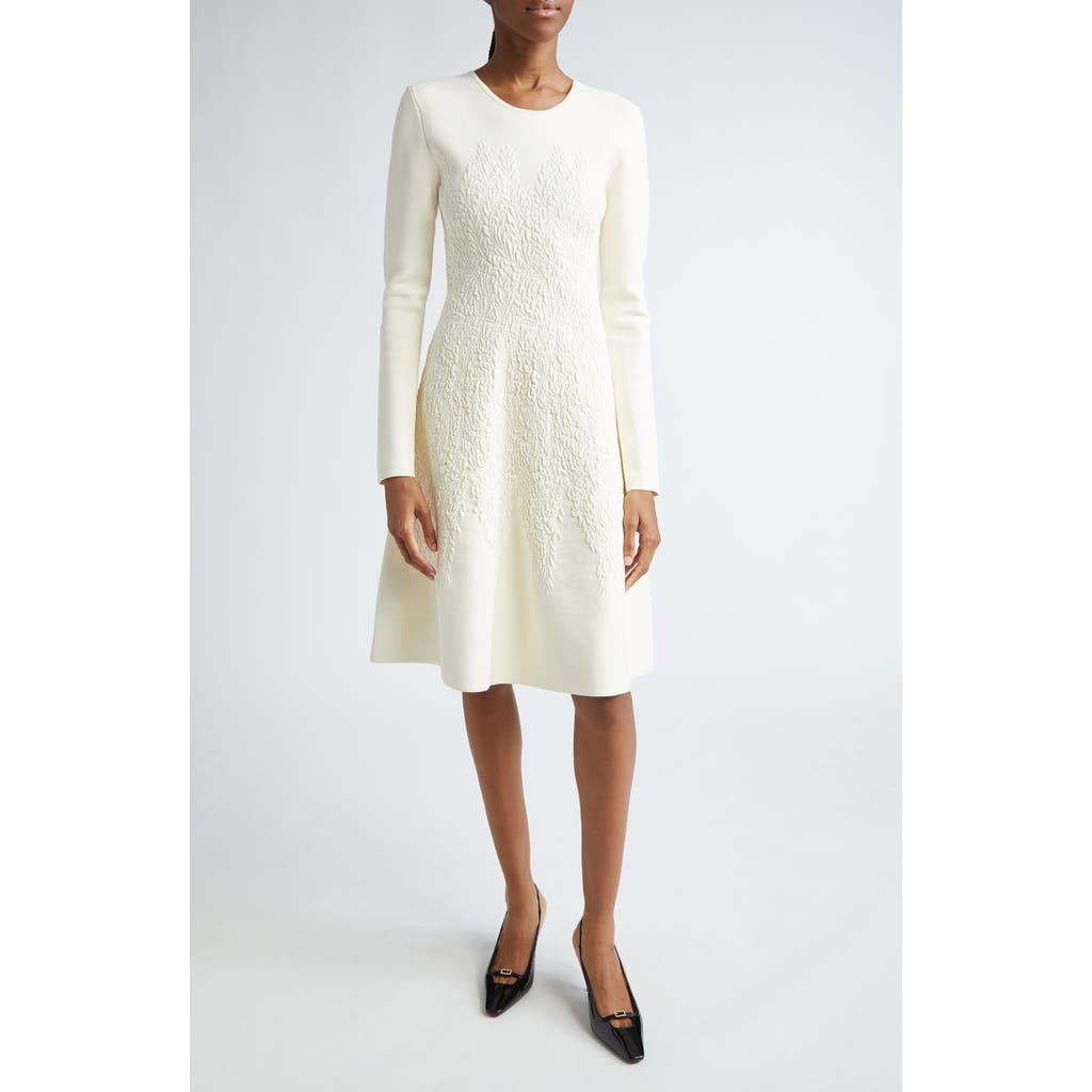 Lela Rose Puckered Floral Long Sleeve Sweater Dress in Ivory