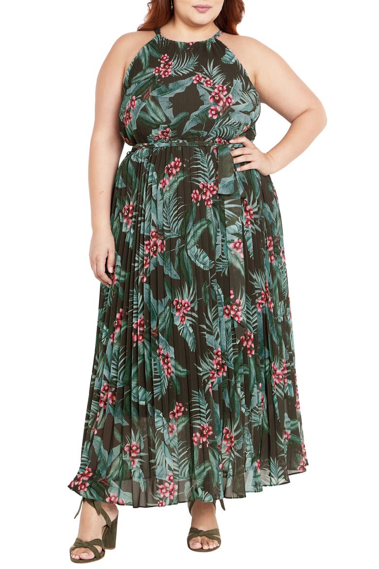 Rebecca Orchid Print Halter Neck Pleated Chiffon Maxi Dress, Main, color, JUNGLE MAYA ORCHID