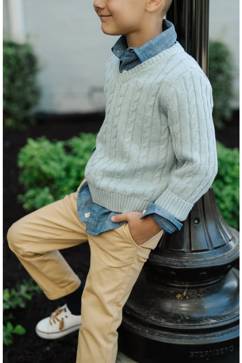 Organic Long Sleeve Fine Gauge Cable V-Neck Sweater, Alternate, color, Dusty Blue Heather Cable