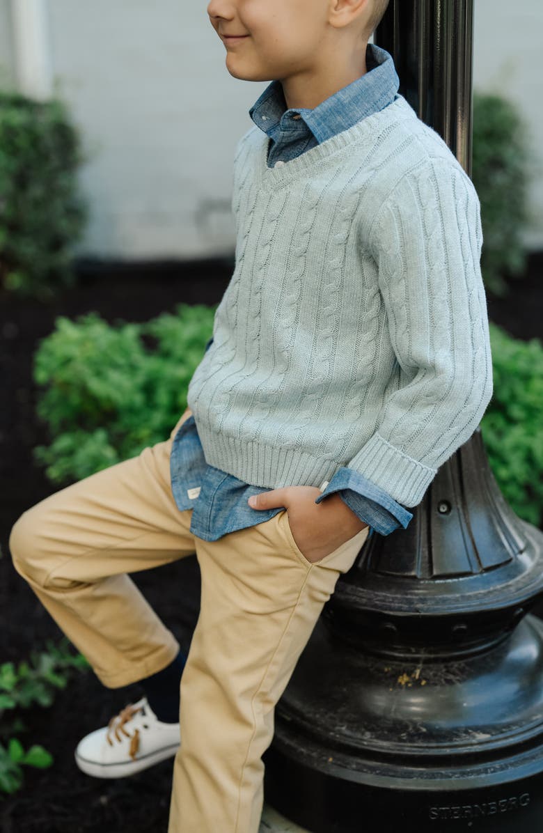 Hope & Henry Organic Long Sleeve Fine Gauge Cable V-Neck Sweater, Alternate, color, Dusty Blue Heather Cable