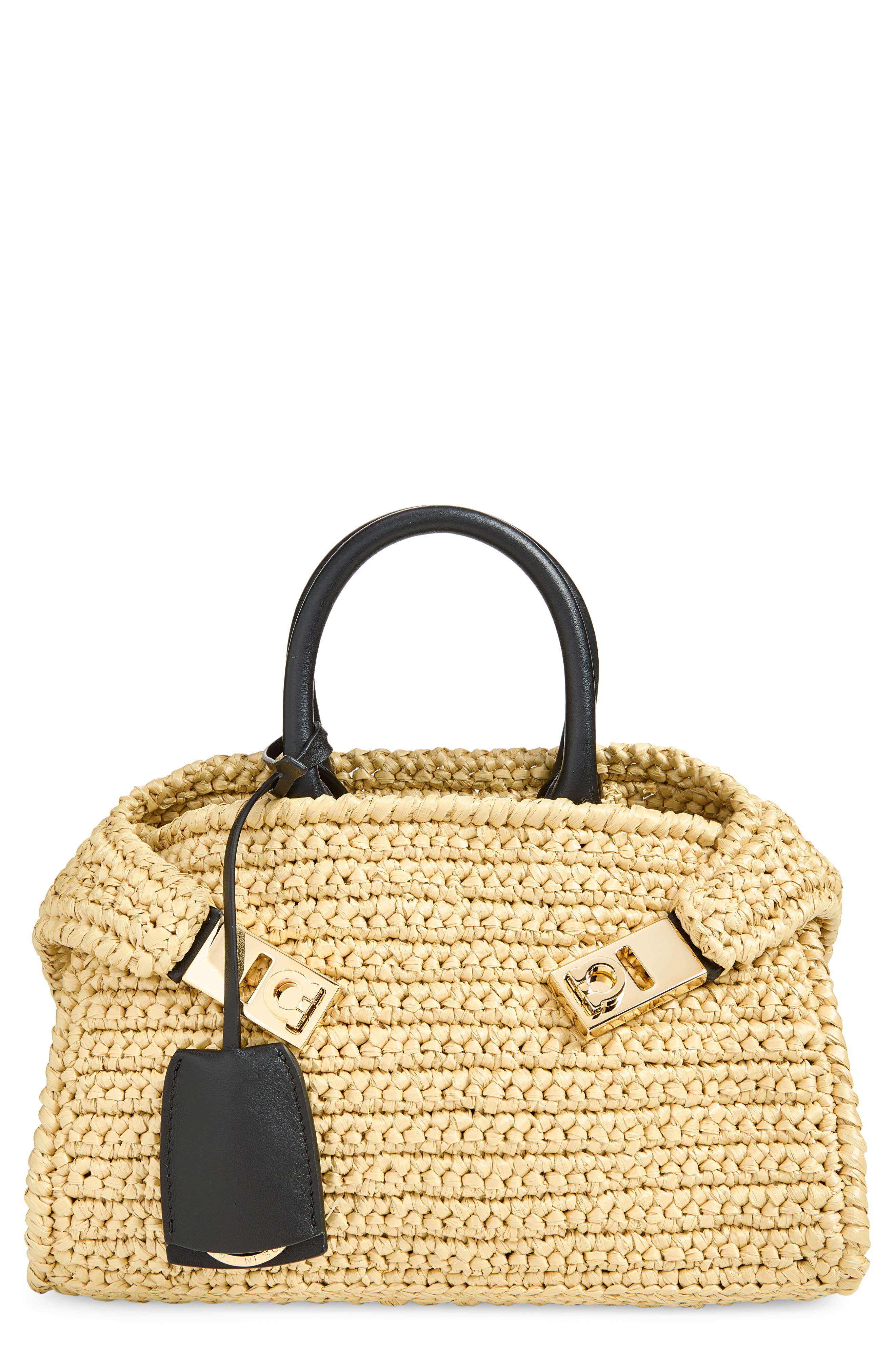 Mini Hug Crochet Raffia Top Handle Bag, Main, color, NATURALE/ NERO