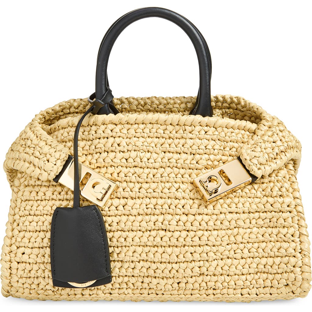 FERRAGAMO Mini Hug Crochet Raffia Top Handle Bag in Naturale/nero at Nordstrom
