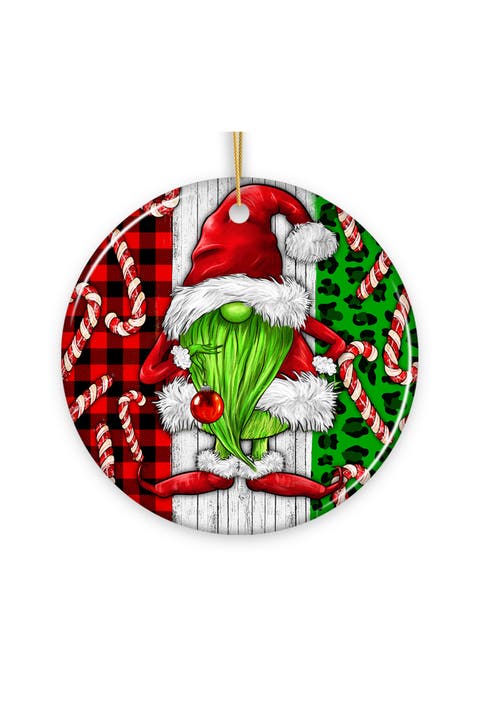 Green Gnome Candy Cane Plaid Ceramic Ornament