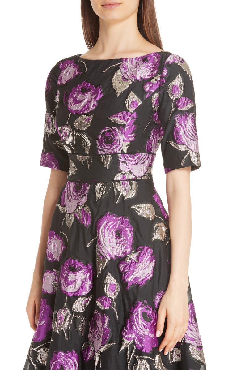 Lela Rose Metallic Floral Fil Coupé Fit & Flare Dress, Alternate, color, 