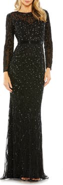 Mac Duggal Abstract Beaded Long Sleeve Evening Gown