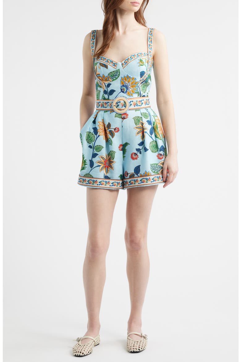 Floral Border Print Linen Blend Romper, Main, color, FLORAL DELHI LIGHT BLUE