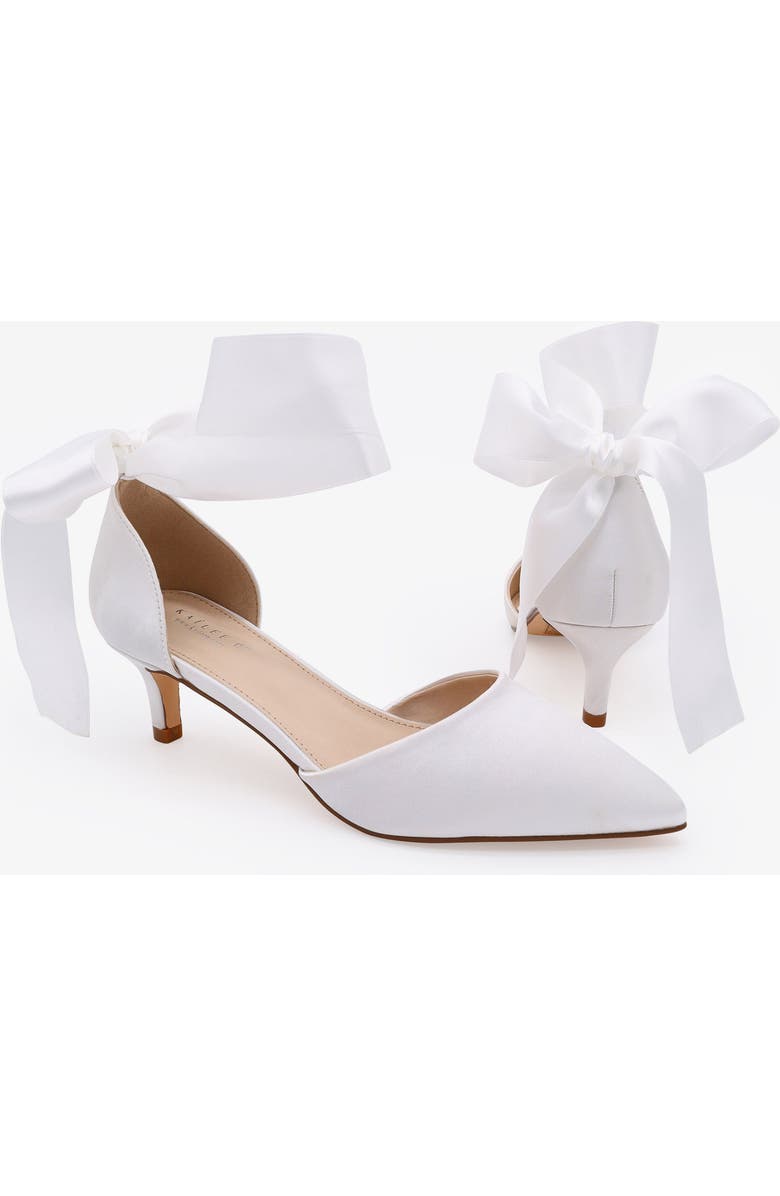 Kailee P Farah Satin Pointy Toe Kitten Low Heel with Wrapped Satin Ribbon Tie, Main, color, White