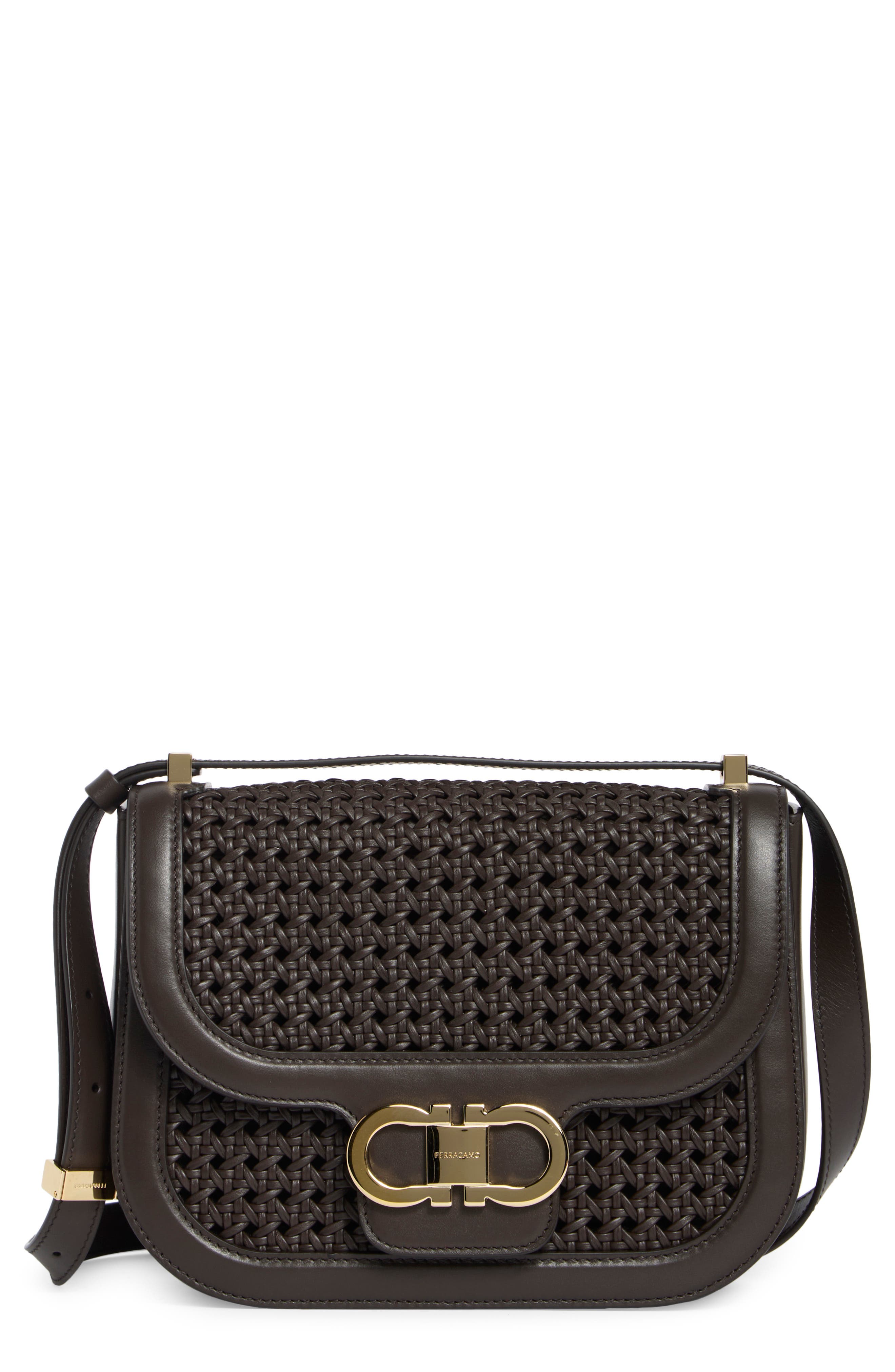 FERRAGAMO Double Gancini Woven Leather Crossbody Bag, Main, color, Testa Di Moro