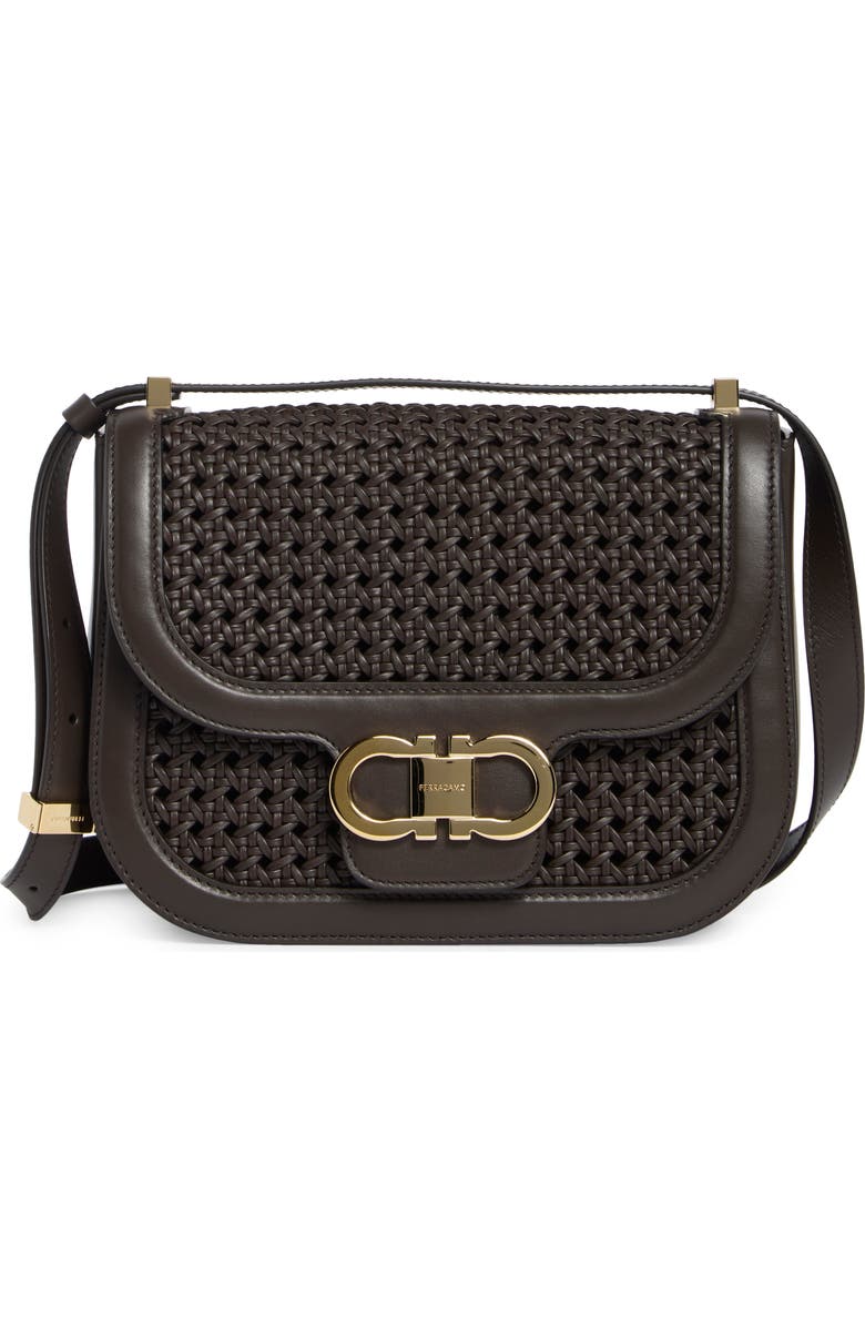 FERRAGAMO Double Gancini Woven Leather Crossbody Bag, Main, color, Testa Di Moro