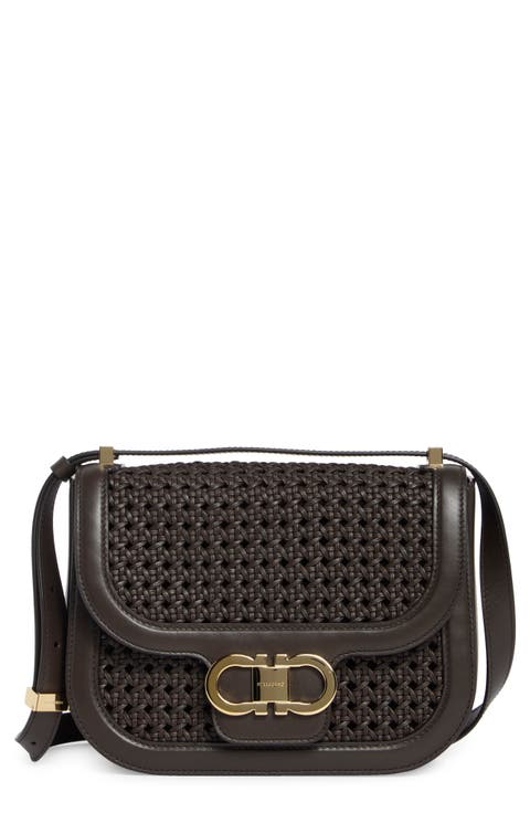 Double Gancini Woven Leather Crossbody Bag