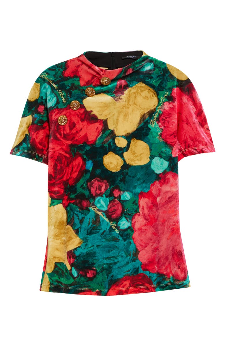Balmain 4-Button Roses Print Stretch Velvet Top, Alternate, color, Ulj Green/ Multi
