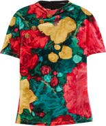 Balmain 4-Button Roses Print Stretch Velvet Top
