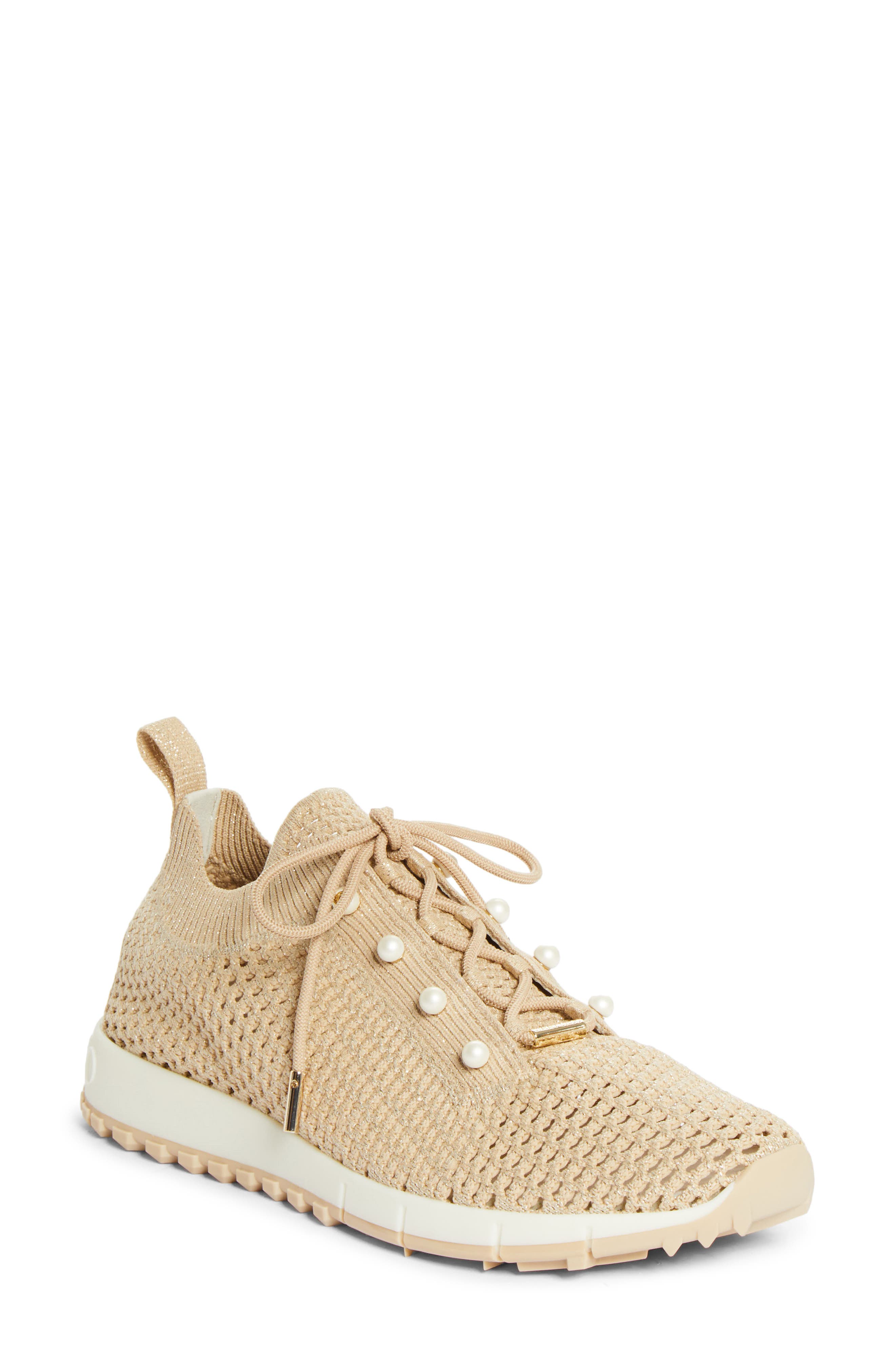 Jimmy Choo Veles Faux Pearl Shimmer Knit Sneaker, Main, color, Light Soft Gold Mix