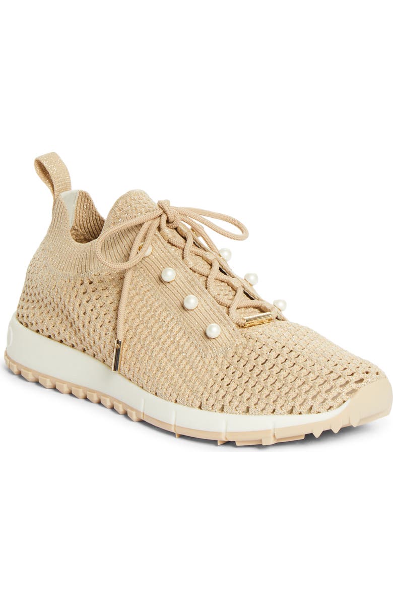 Jimmy Choo Veles Faux Pearl Shimmer Knit Sneaker, Main, color, Light Soft Gold Mix