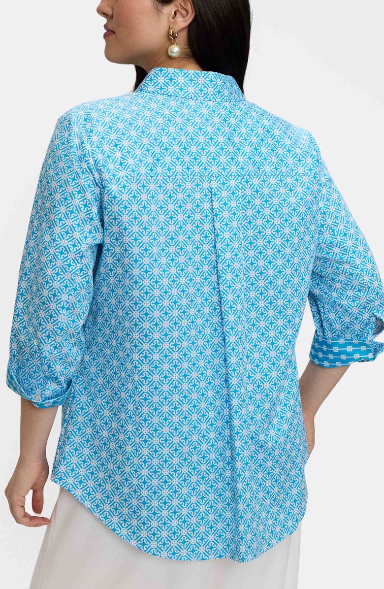 Foxcroft Margie Geo Lattice Three-Quarter Sleeve Button-Up Shirt, Alternate, color, Blue/ White