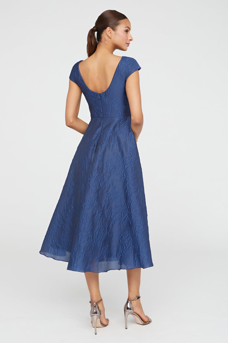 Caity High Low Cocktail Bateau Neck Jacquard Dress, Alternate, color, Midnight Celeste