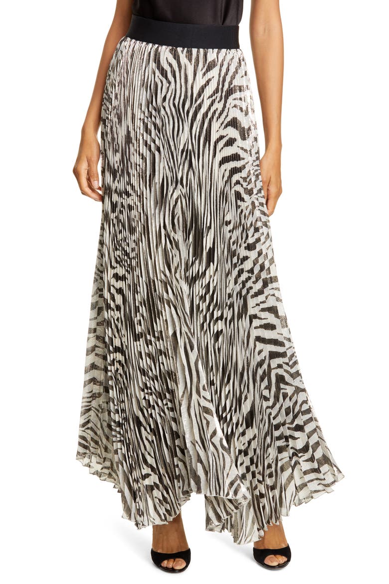Katz Animal Print Pleated Silk Blend Maxi Skirt, Main, color, TIGER SOFT WHITE/ BLACK