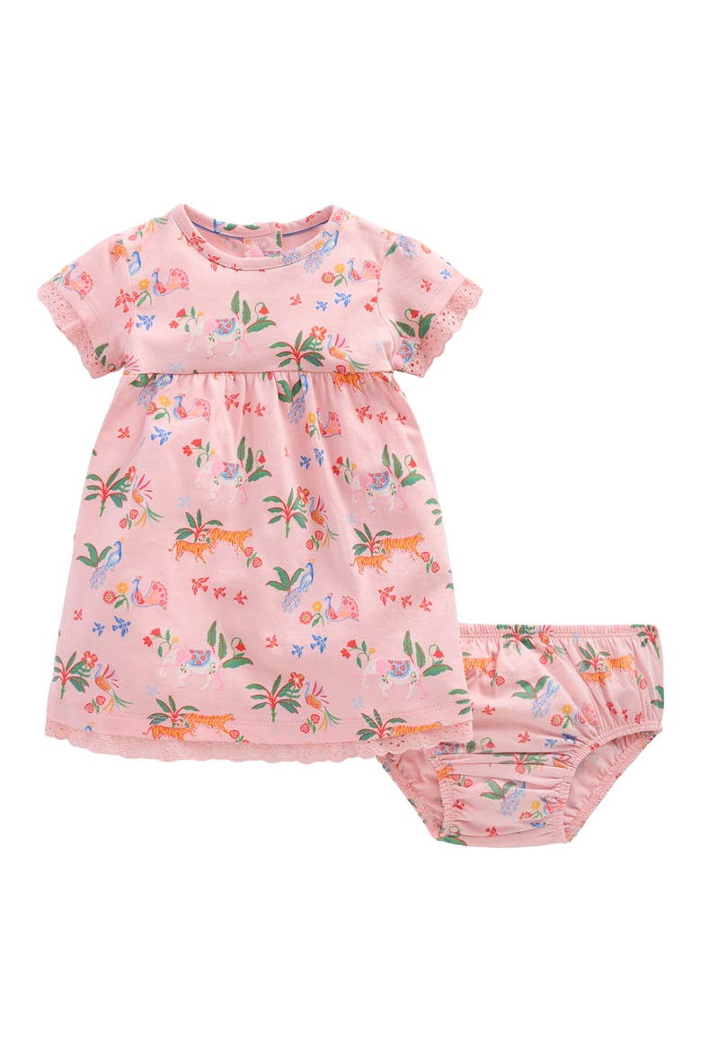 Eyelet Trim Cotton Jersey Dress & Bloomers Set, Main, color, PINK TROPICAL ANIMALS