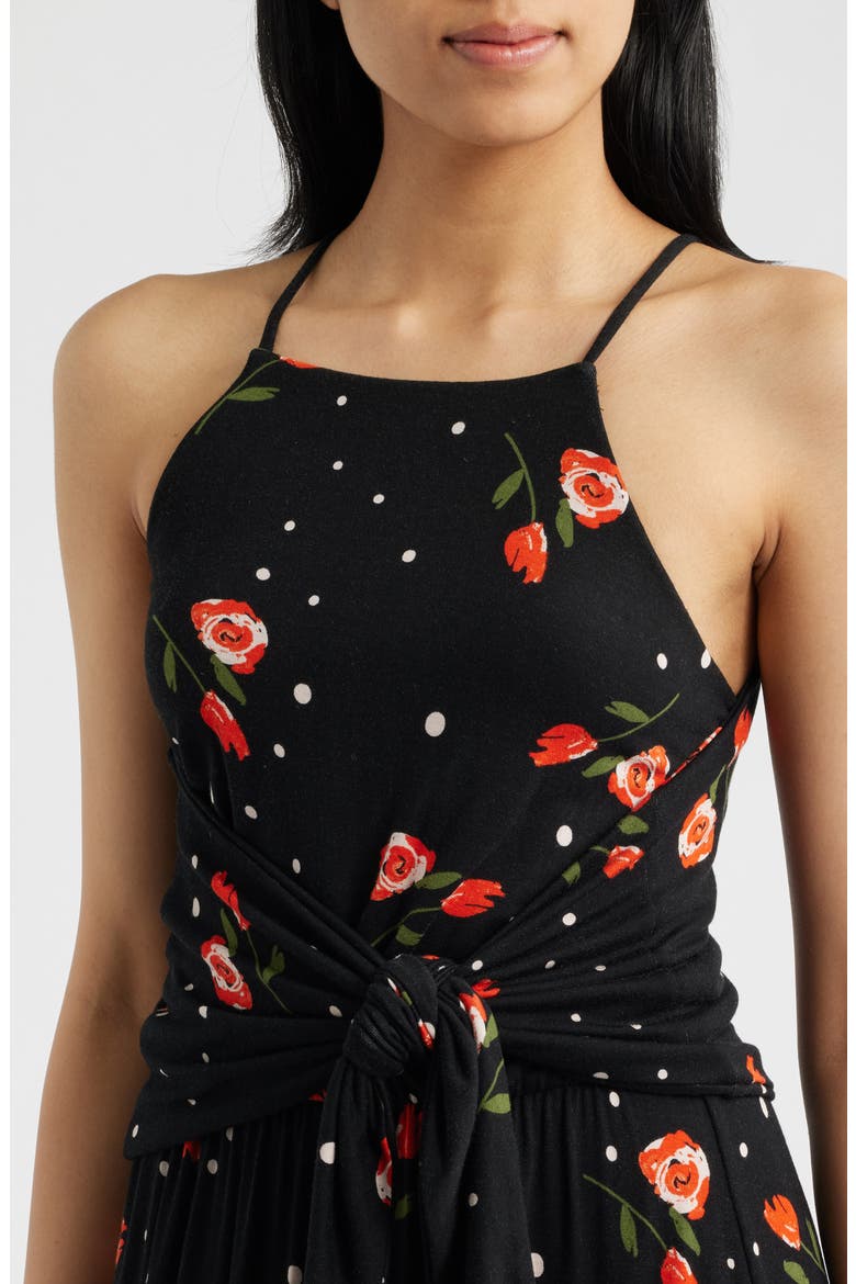 Floral Print Apron Maxi Dress, Alternate, color, BLACK/ RED