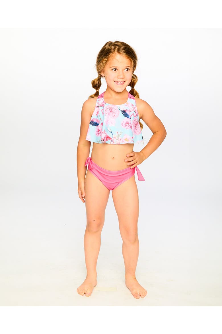 Two-Piece Triple Strap Flamingo Swimsuit, Alternate, color, Blue Flamingo Print