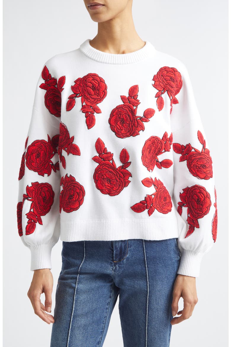 Carwen Embroidered Balloon Sleeve Sweater, Main, color, SOFT WHITE/ BRIGHT POPPY