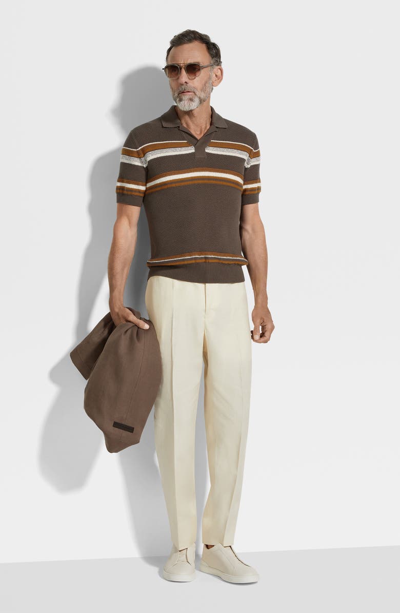 ZEGNA Stripe Cotton & Silk Polo Sweater, Alternate, color, Dark Beige Stripe