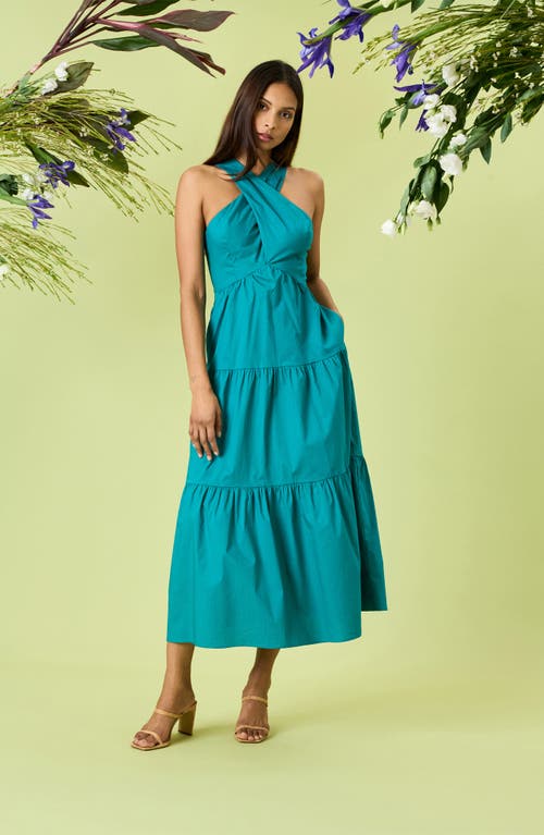Donna Morgan Tiered Stretch Poplin Maxi Dress In Blue Grass