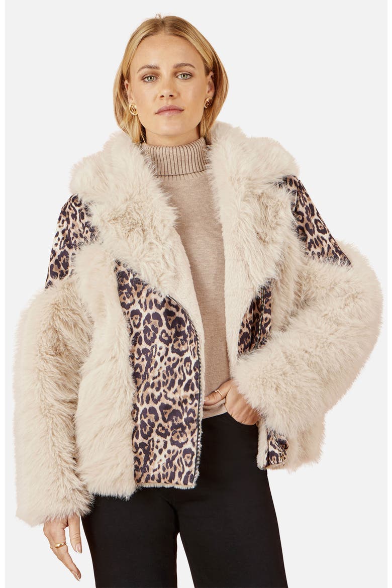 Faux Fur Biker Leopard Print Jacket, Alternate, color, Brown