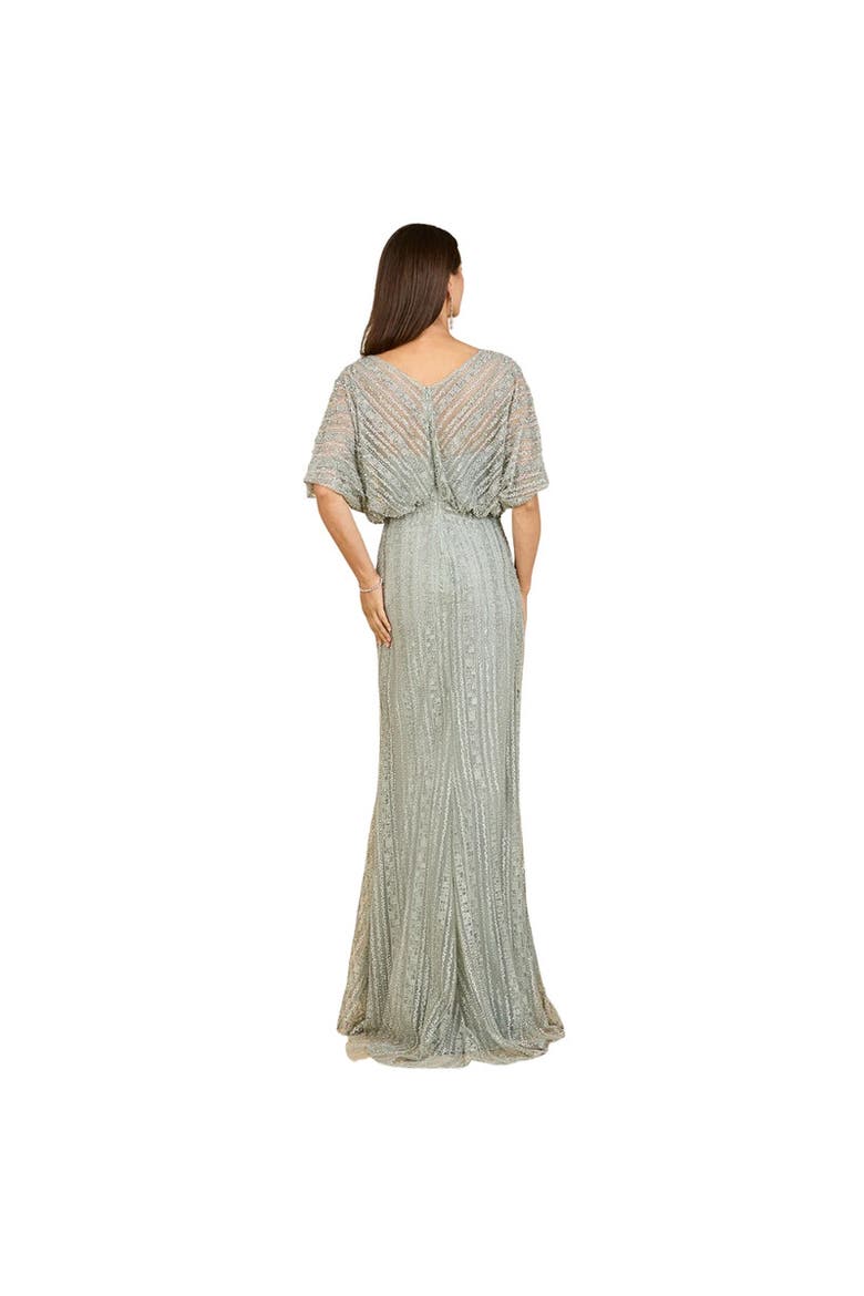 Cape Sleeve V-Neck Gown with Geometric Beading, Alternate, color, Olive