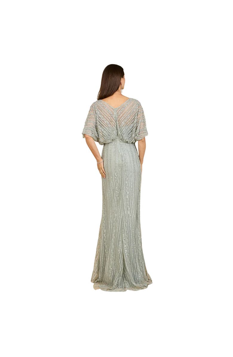 LARA New York Cape Sleeve V-Neck Gown with Geometric Beading, Alternate, color, Olive