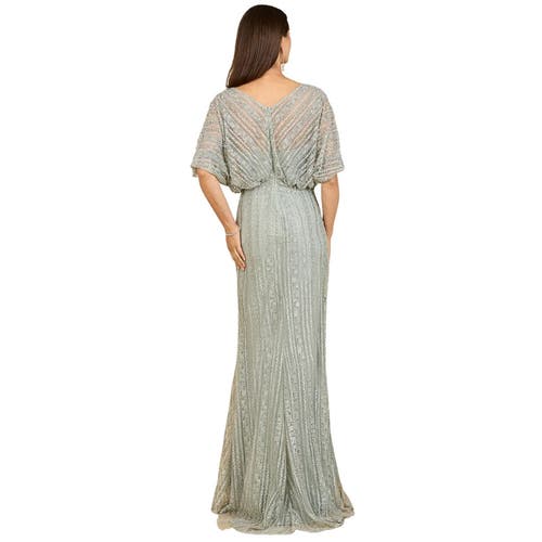 Lara New York Cape Sleeve V-neck Gown With Geometric Beading In Green