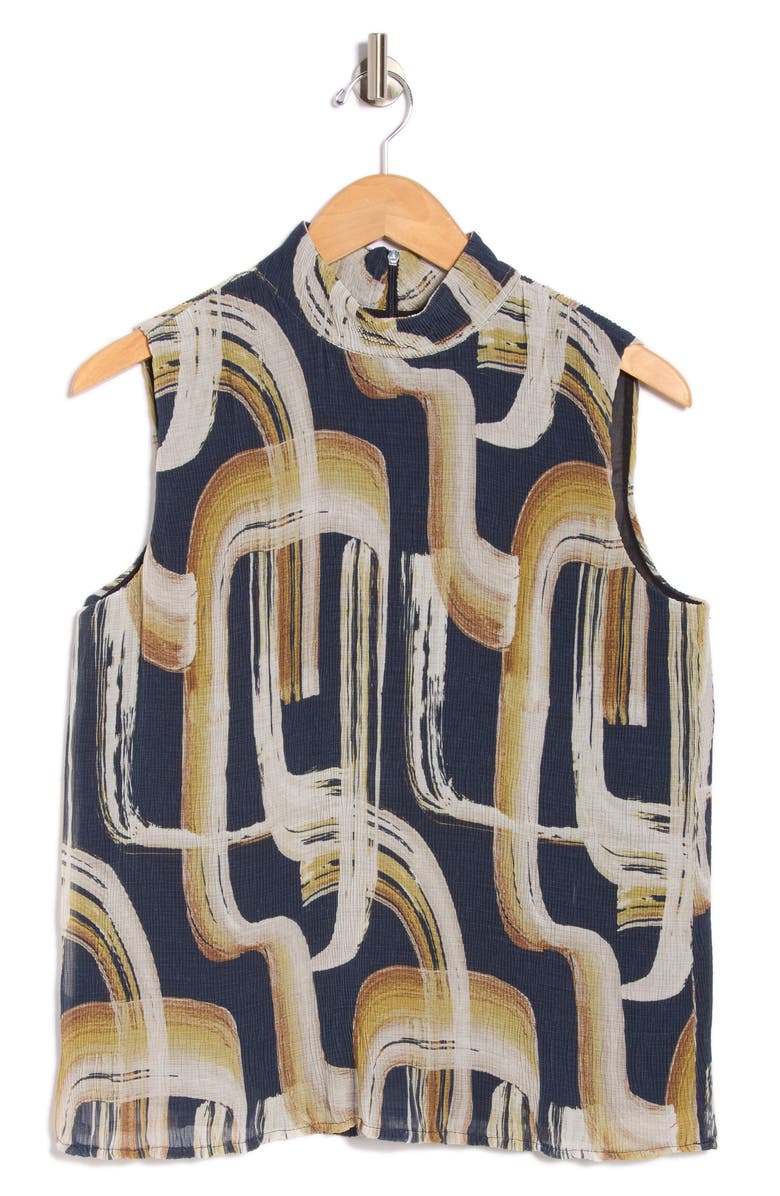 Calvin Klein Abstract Mock Neck Micropleat Shell, Alternate, color, Navy Multi