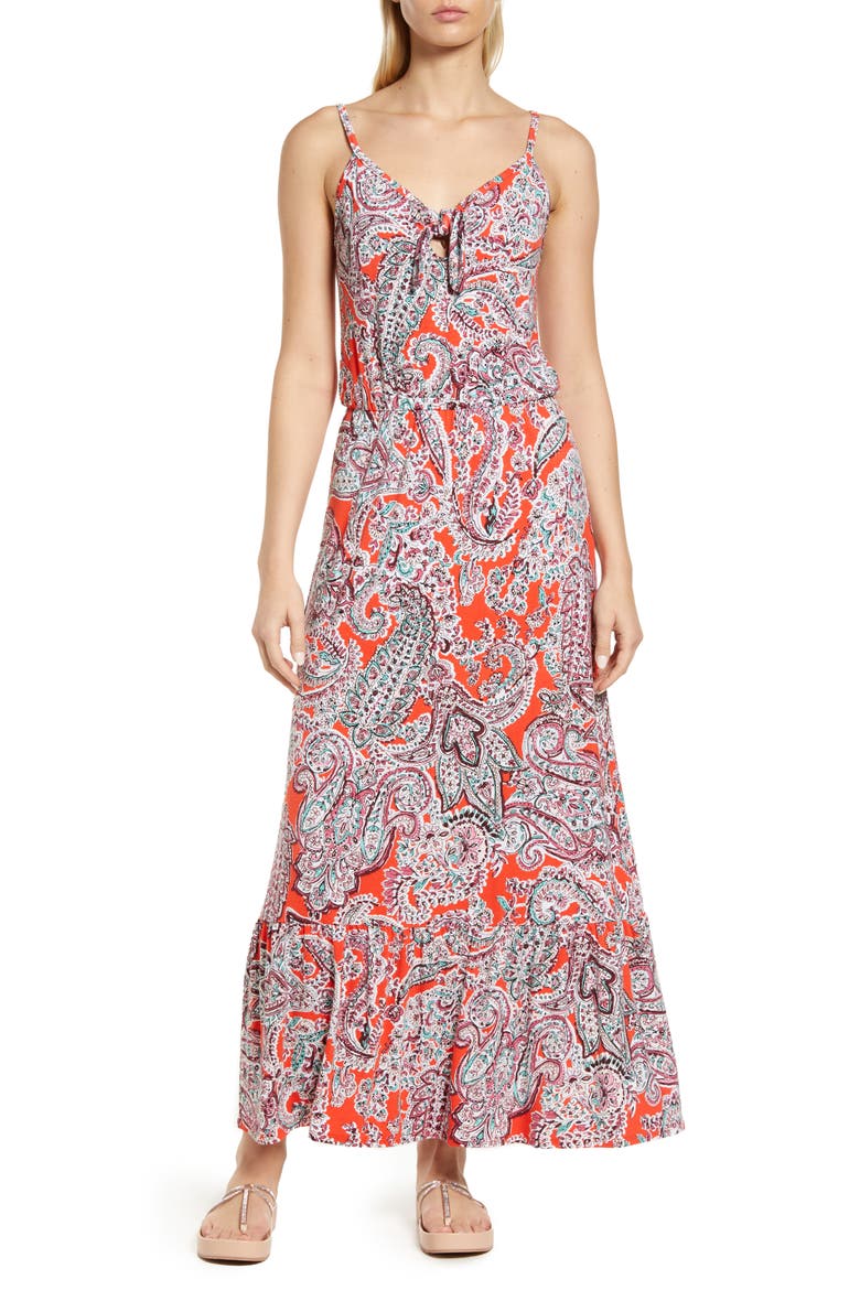 Tie Front Maxi Sundress, Main, color, CORAL