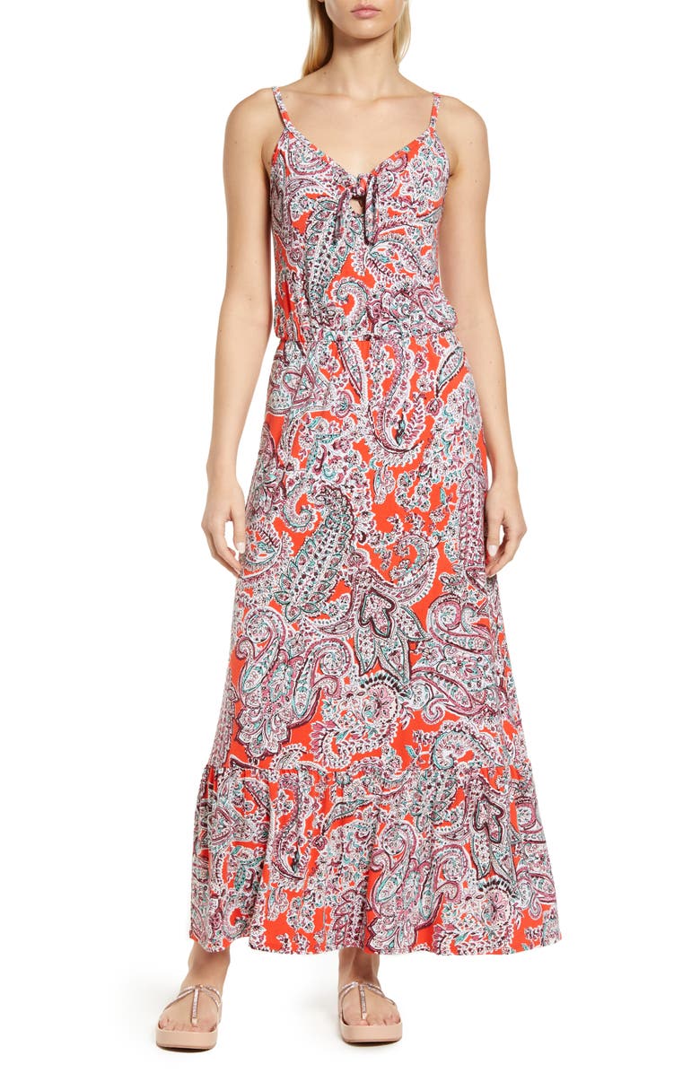 Loveappella Tie Front Maxi Sundress, Main, color, Coral