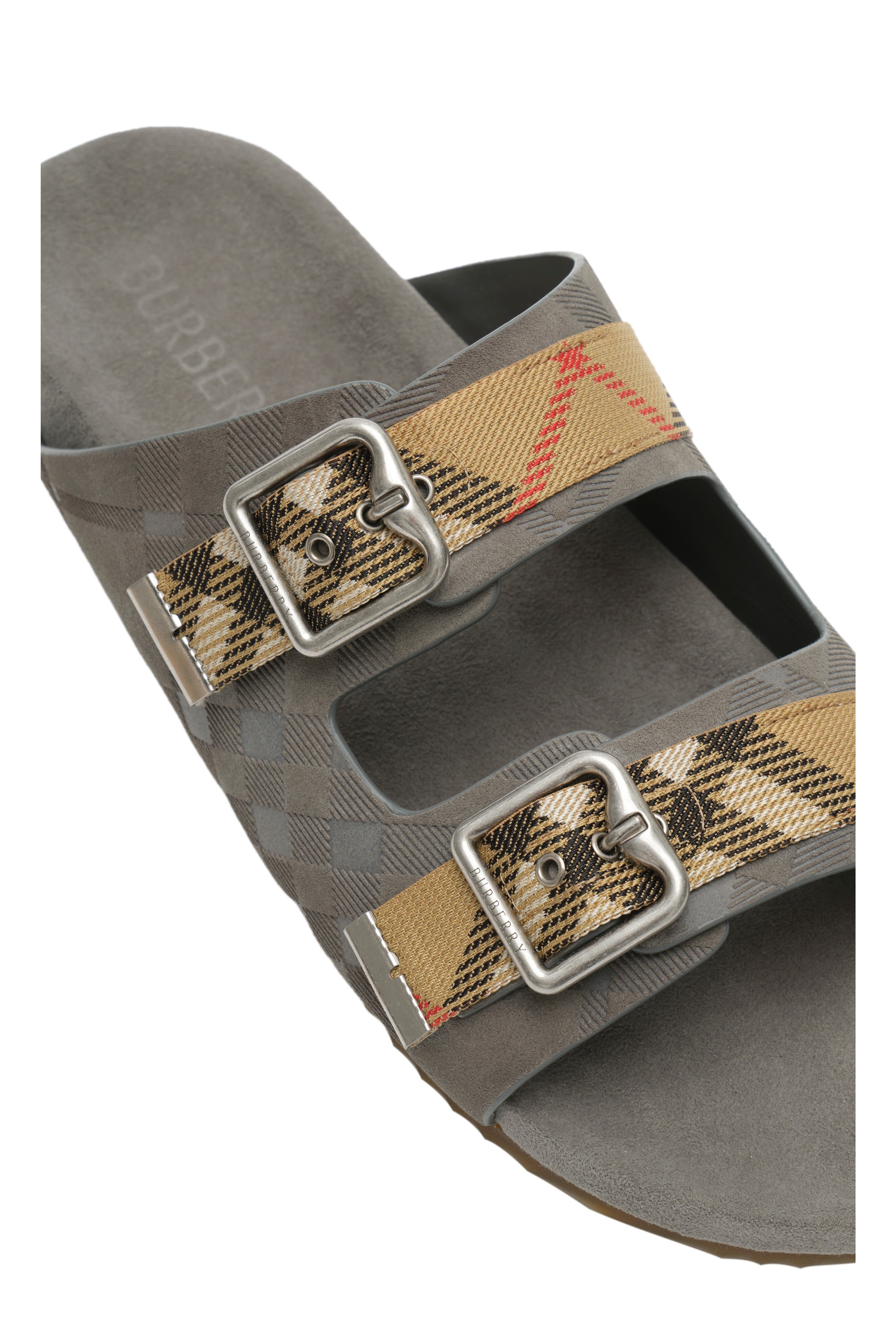 Burberry Check Suede Urchin Sandals, Alternate, color, Chino Grey